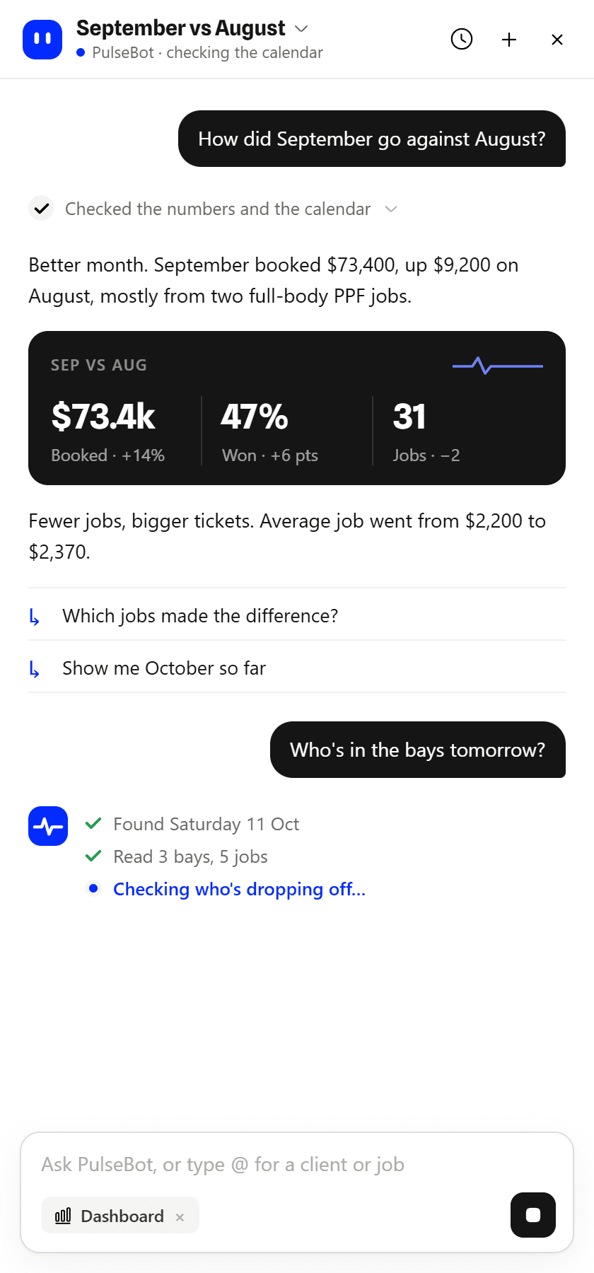 PulseBot answering how September went